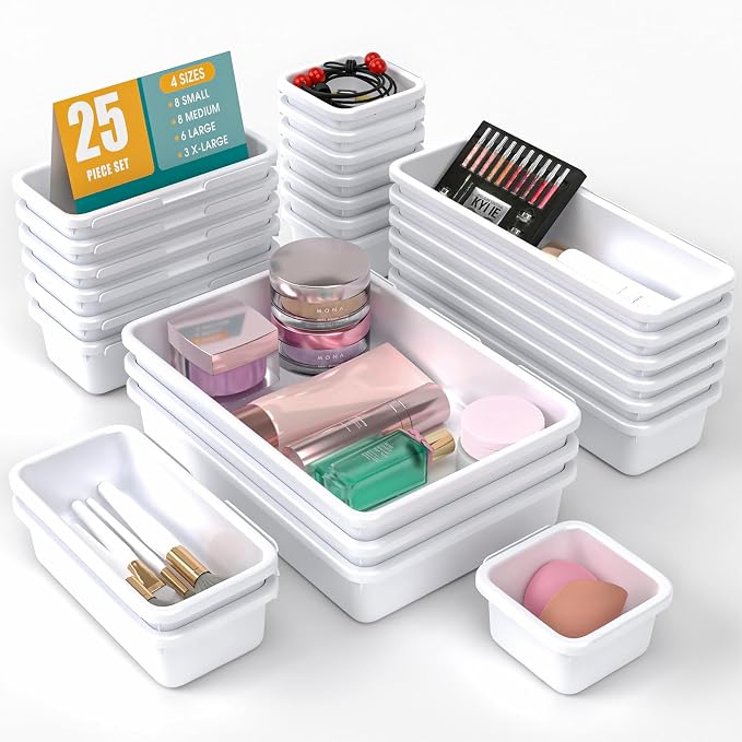 25 PCS Drawer Organizer Set, 4 Size Makeup Drawer Divider Organizer With Non-Slip Pads, Interlocking Plastic Storage Bins for Office,Jewelry Vanity,Gadgets, Bathroom,Kitchen, White by StoreHappily