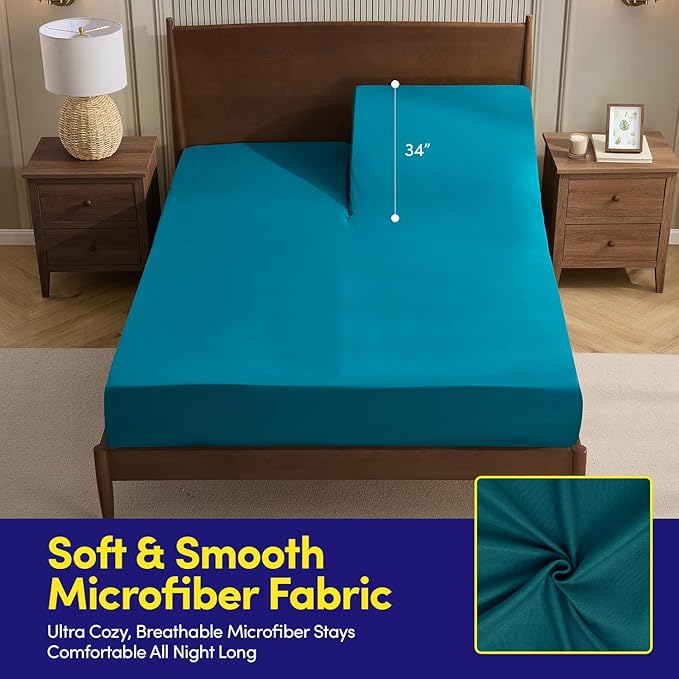 Split Head King Sheets Set for Adjustable Beds 4 Piece Flex Top Bed Sheets – Deep Pocket Split Top Fitted Sheet with Built-in Corner Straps, Luxury Soft Cooling Bedding, Wrinkle Resistant, Teal