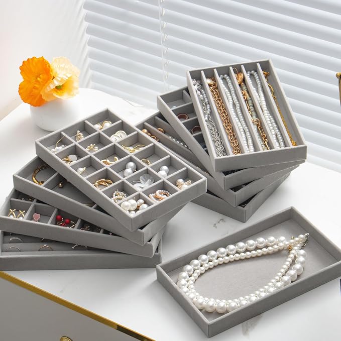 SPAKOWN Jewelry Drawer Organizer Inserts Set of 9, Velvet Jewelry Trays for Drawers, Storage for Earring, Ring, Necklace, Watch, Bracelet (Grey) - Image 3