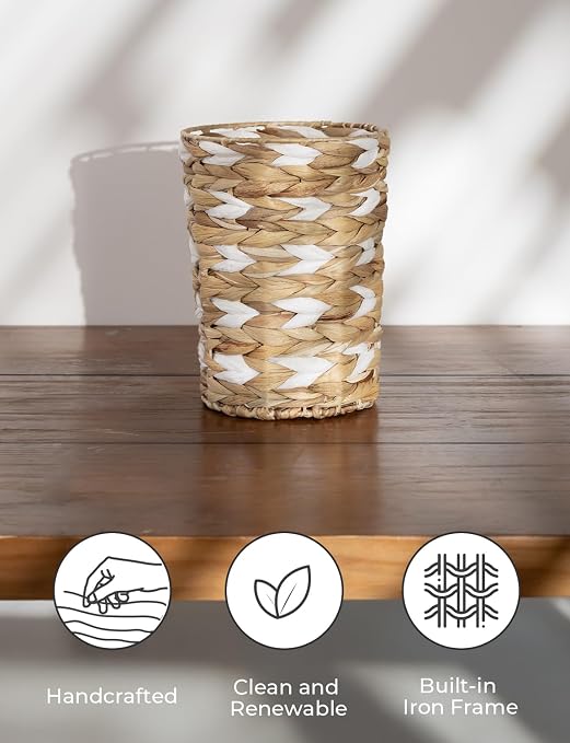 StorageWorks Wicker Waste Basket, Small Trash Can, Rattan Trash Basket with Handwoven Water Hyacinth and Paper Rope, Wicker Garbage Can for Bathroom, Bedroom, 1 Pack - Image 3