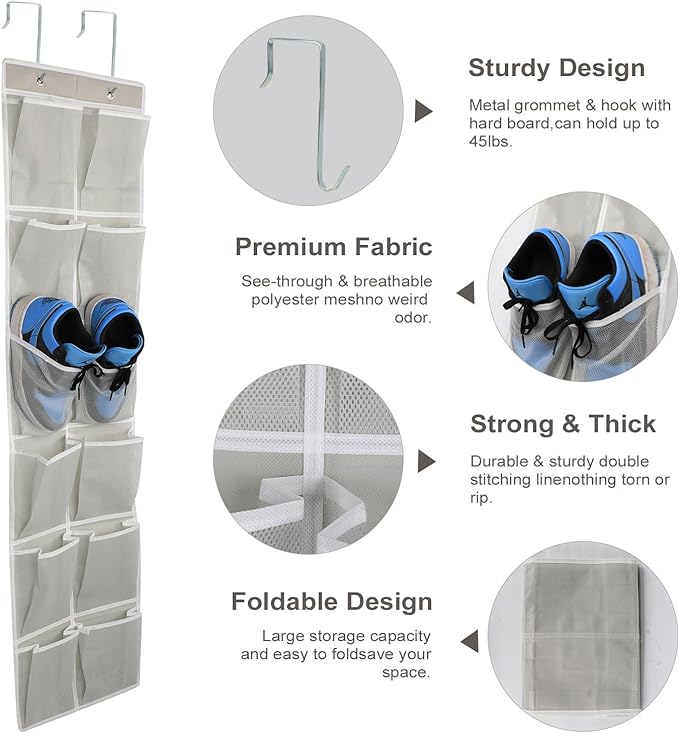 GOMAJI Over the Door 12 Pocket Hanging Shoe Organizer, Gray - Image 4