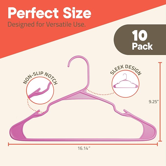 Pink Plastic Hangers 10 Pack– Heavy-Duty Plastic Hangers Slim and Space-Saving, Durable and Lightweight PP with Non-Slip Shoulder Notches for Slip Dresses, Suits, Jackets & Camisoles - Image 2