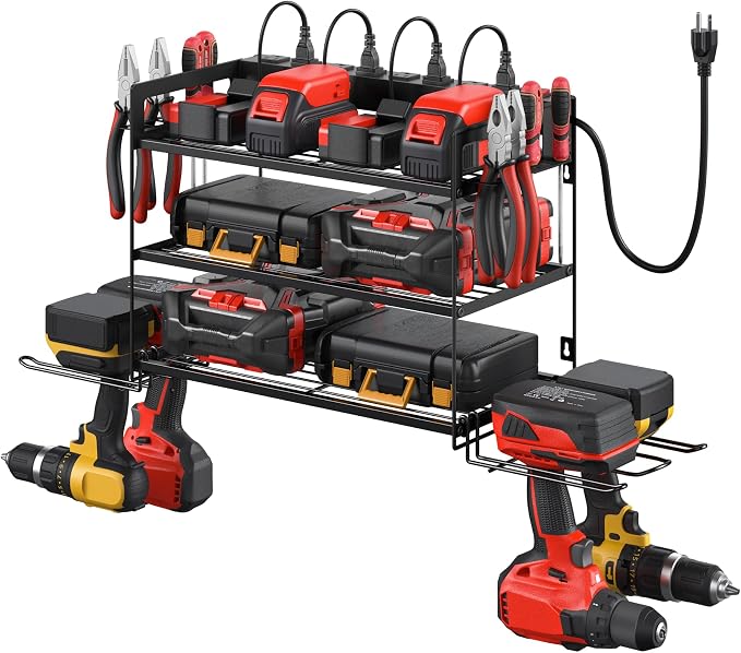 CCCEI Garage Tools Storage with Charging Station. Power Tool Battery Organizer Utility Shelf with Power Strip. 4 Drills Holder Wall Mount Rack, Black 3 Layer. by CCCEI