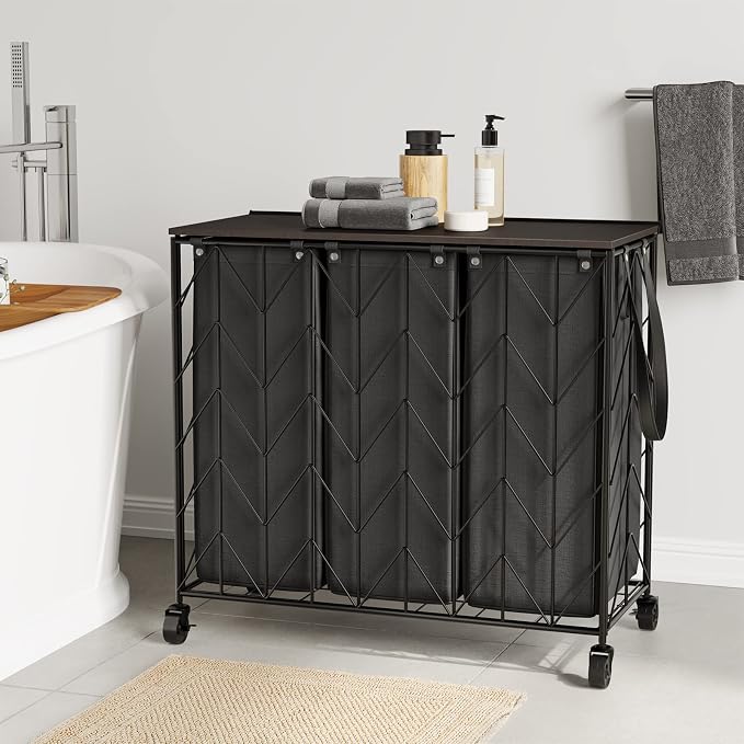 WOWLIVE Laundry Basket with Wheels, 142L Hamper 3 Section with Lid, Dirty Clothes Hamper with Removable Bags, Large Capacity Iron-Made Organizer Laundry Sorter for Dorm, Black - Image 3