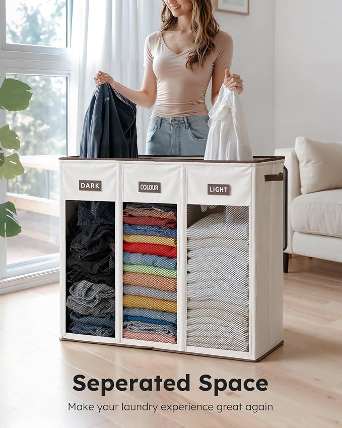 SOLEDI 200L 3-Section Laundry Hamper with Lid, Extra Large Dirty Clothes Basket with Sturdy Handles for Laundry Room & Bedroom - Durable Organizer for Sorting Laundry - Image 3