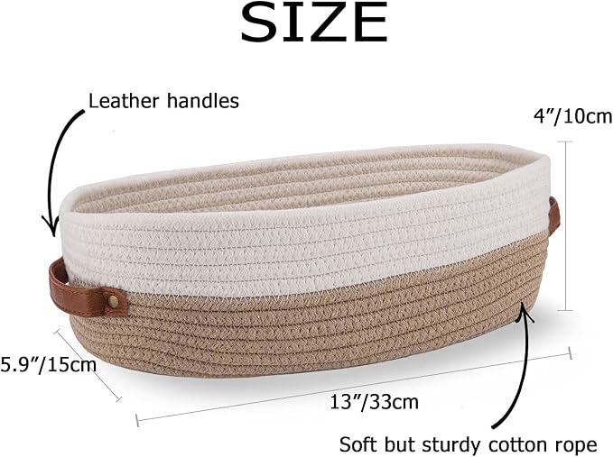 2 Pack Cotton Rope Bathroom Decor Basket,Toilet Paper Holder Basket,Farmhouse Home Decor Organizing Baskets 13"x5.9"x4" Brown Stitching White - Image 5
