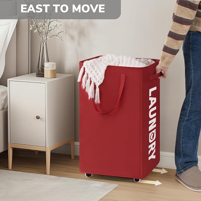 Goodpick Laundry Basket with Wheels,75L Large Roolling Laundry Basket with Removable Wash Bag, Clothes Hamper with Wheels for Laundry Room, Red - Image 5