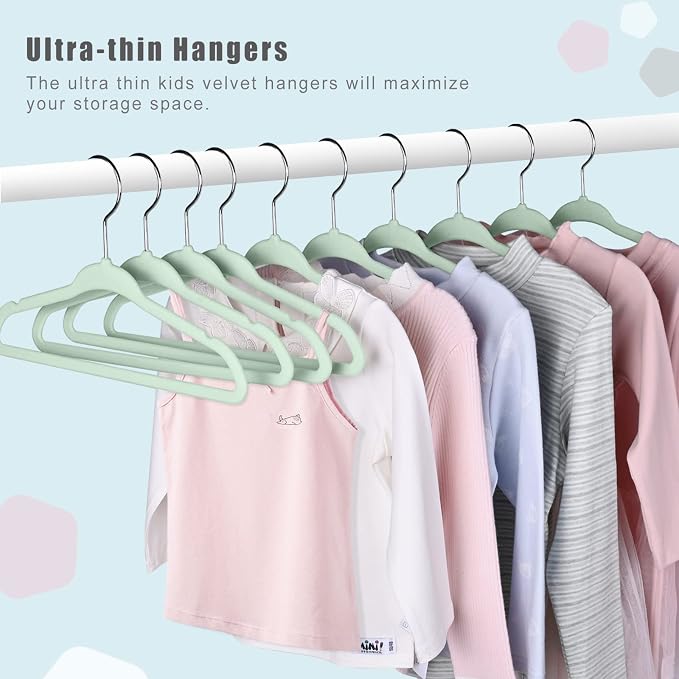 BAGAIL 50 Pack Kids Velvet Hangers 11 Inches Children's Clothes Hangers Non-Slip Baby Hangers for Infant/Toddler (Lime Cream) - Image 5