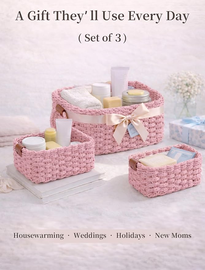 Storage Basket, Recycled Paper Rope Bathroom Basket Organizer, 3Pcs Small Baskets for Organizing, Mini wicker Basket for Decorative Storage Bins, Shelves, Bathroom, Cabinet - Pink - Image 7