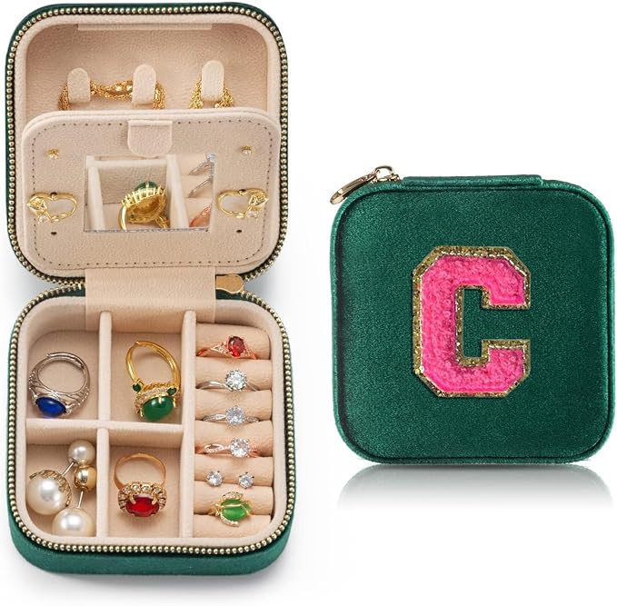 Personalized Velvet Travel Jewelry Case Box For Women Ring Necklace Earring Holder Organizer with Mirror Green Girls Box Birthday Gifts Mom Initial C by HKDSGF