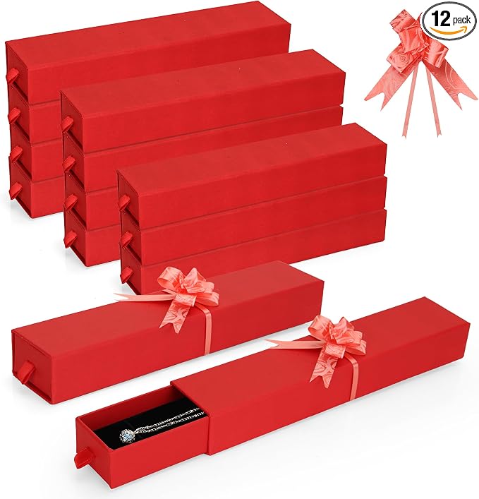 12-Pack Drawer Style Jewelry Gift Boxes with Sponge Insert, 8.7"x1.8"x1.2" Necklace & Bracelet Display Box for Presentation, Cardboard Storage Organizer for Pendant, Ring, Earring - Red by MATUFF