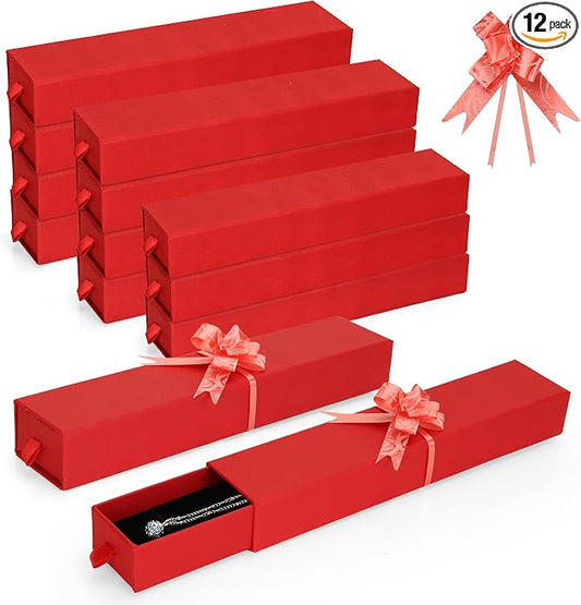 12-Pack Drawer Style Jewelry Gift Boxes with Sponge Insert, 8.7"x1.8"x1.2" Necklace & Bracelet Display Box for Presentation, Cardboard Storage Organizer for Pendant, Ring, Earring - Red by MATUFF