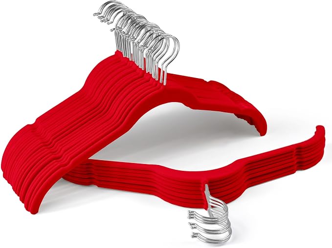 SIshynio 30 Pack Velvet Hangers – Non-Slip Slim Clothes Hangers with 360° Swivel Hook, Heavy Duty Flocked Shirt Hangers for Dresses, Suits, Blouses, Coats(Red) by Sishynio