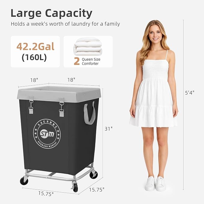 STORAGE MANIAC Commercial Laundry Hamper with Heavy Duty Steel Frame, 160 L Industrial Laundry Basket Cart with Wheels for Hotel, Home, Laundry Room, 17.72''L x 17.72''W x 30.91''H, Medium Black - Image 3