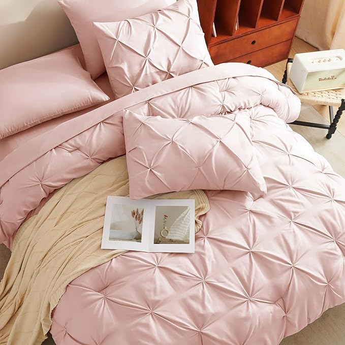 CozyLux Oversized Queen Comforter Sets Blush Pink, 7 Pieces Oversized Queen Pintuck Bed in A Bag, Pinch Pleat Bedding Sets with All Season Comforter, Flat Sheet, Fitted Sheet, Pillowcases & Shams
