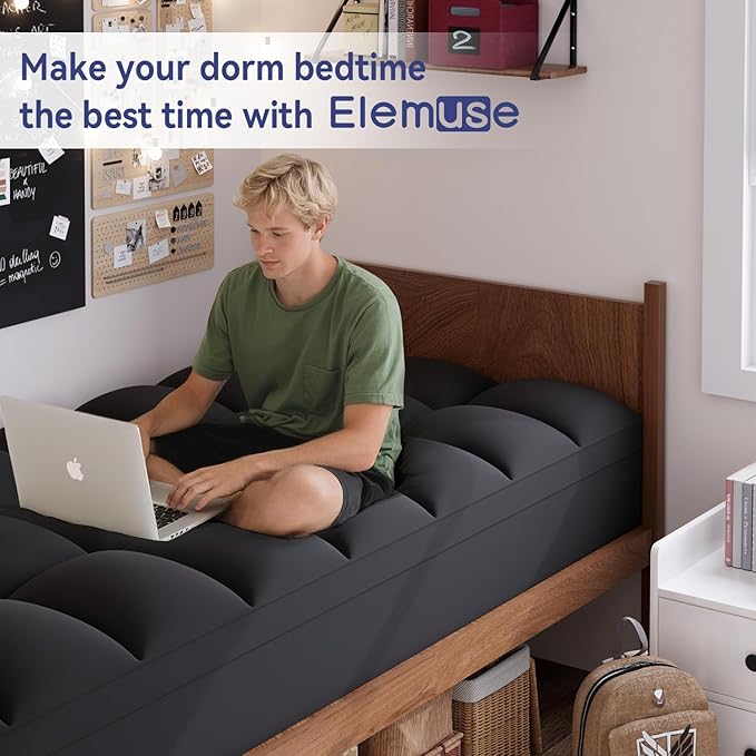 ELEMUSE Twin XL Black Mattress Topper for College Dorm Room Essentials, Extra Long Twin Mattress Pad for Back Pain Relief, Plush Pillowtop with Elastic Deep Pocket, Overfilled Down Alternative Filling