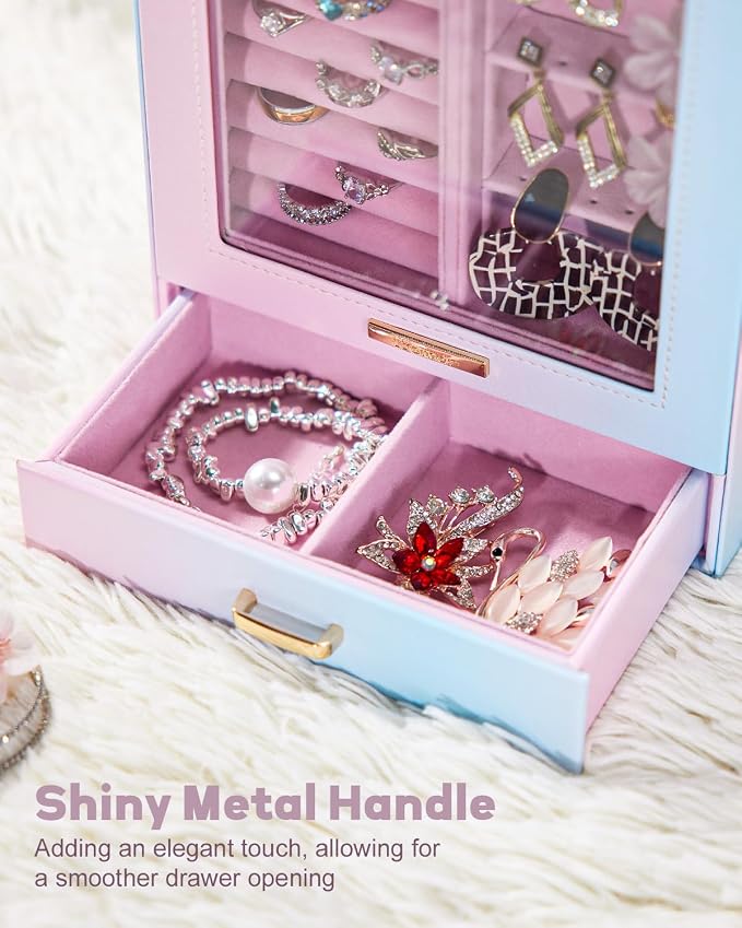 Homde Jewelry Organizer Girls Women Jewelry Box for Necklaces Rings Earrings Gift Bracelets Storage Case (Blue - Pink Gradient + Gold) - Image 8