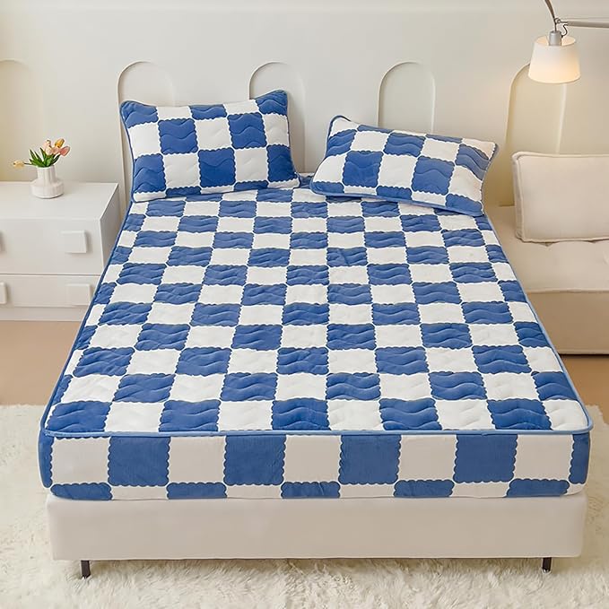 Velvet Fitted Sheet, Soft Velvet Fleece Bed Sheet Mattress Protector Cover with 12'' Deep Pocket Breathable Mattress Pad Cover, Elastic Fitted Mattress Topper(Full-47x79inch, Blue)