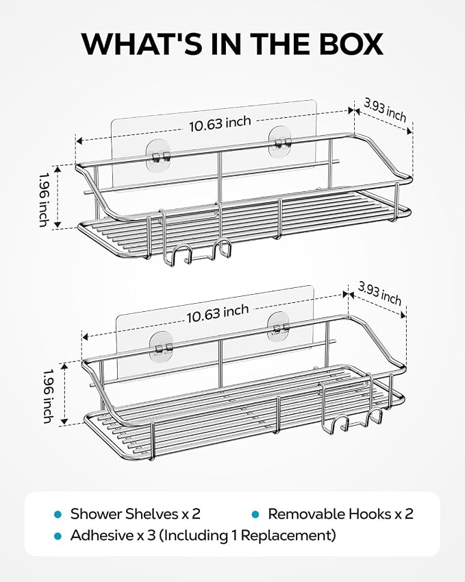 Nieifi Shower Caddy Shelf Storage Rack Adhesive Without Drilling Stainless Steel with Hooks for Washroom, Lavatory, Restroom, Toilet, Bathroom, Kitchen - 2 Pack - Image 6