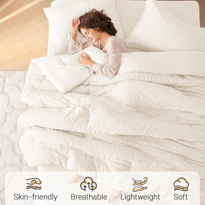 MUXHOMO 5 Pieces Twin XL Comforter Set, Seersucker Bed in a Bag Twin XL Size, All Season Luxury Bedding Set with Comforter, Flat Sheet, Fitted Sheet, Pillowcase & Sham, Ivory