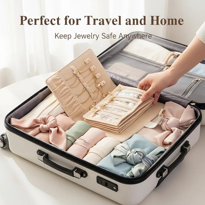 Travel Jewelry Binder Earring Organizer, Portable PU Jewelry Book Organizer with 4 Necklace Clips & 5 Zipper Velvet Pouch For Rings,Necklace,Earrings - Perfect Jewelry Storage Book For Women Girls - Image 6