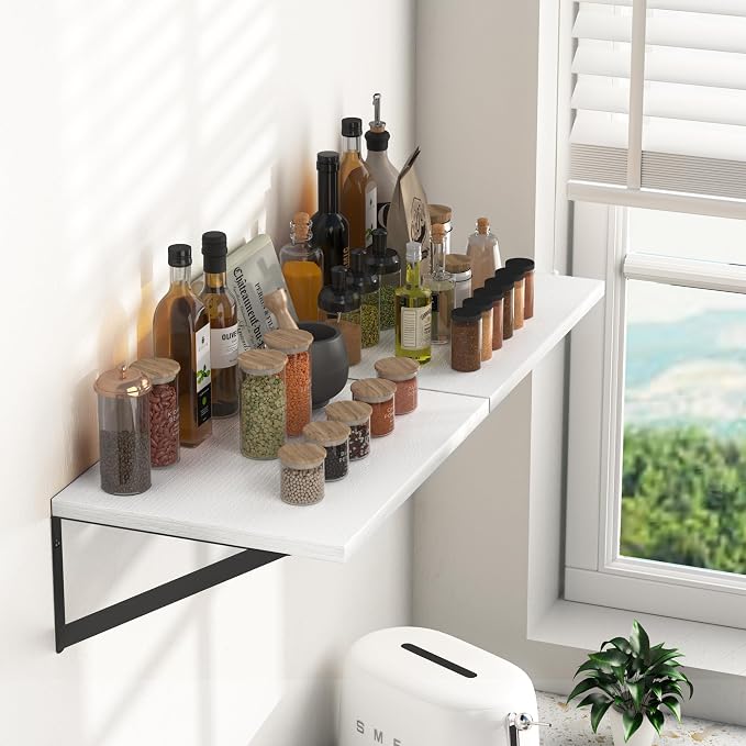 Heimlove White Deep Floating Shelves for Wall, 16W x 12D Wood Wall Shelves Set of 2, Wide Floating Bookshelf for Living Room, Kitchen, Office, Bedroom and Decor Storage, with Black Bracket - White - Image 2