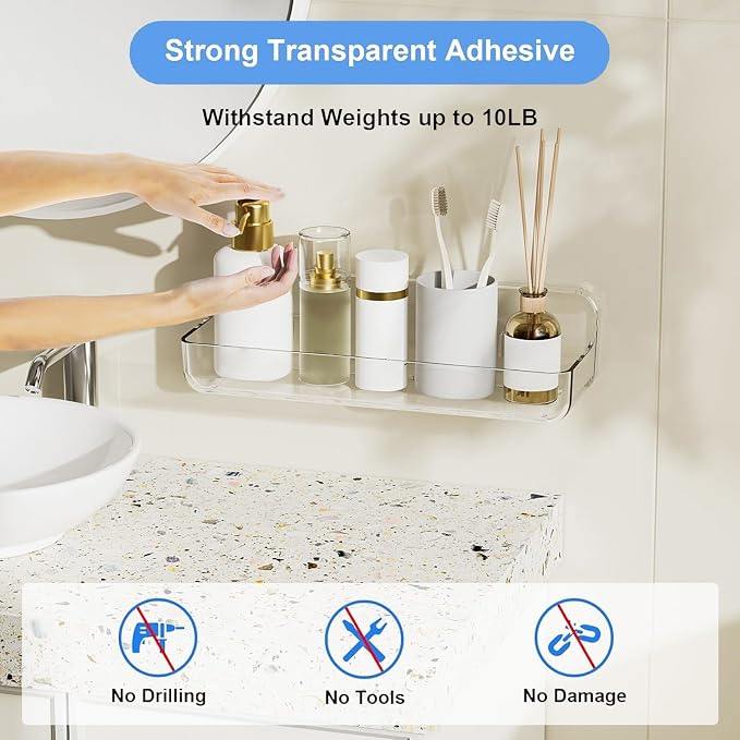 Diesisa Acrylic Wall Mounted Shower Caddy, Clear, Large Size 4D x 12.8" W x 3.3" H, Acrylic Shelf, No Drilling Walls Adhesive Shelf, Bathroom Shelves with Self Adhesive Tape for Bathroom, Kitchen - Image 6