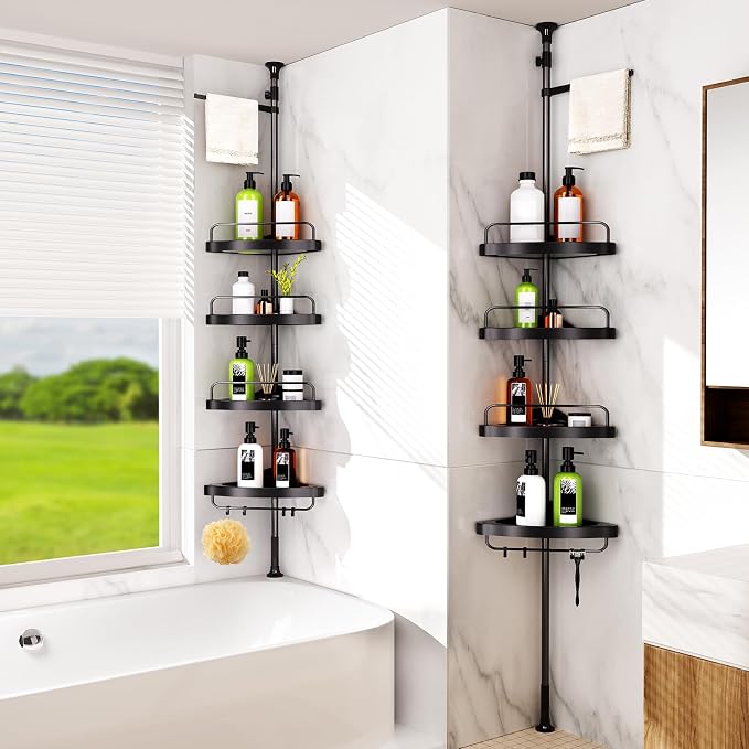 HAMITOR Corner Shower Caddy Tension Pole: Adjustable Stainless Steel Shower Organizer 4 Tier Shelf for Bathroom Bathtub Shampoo - Floor Standing Rack Bath Storage Holder with Rust Proof Rods - Black - Image 7