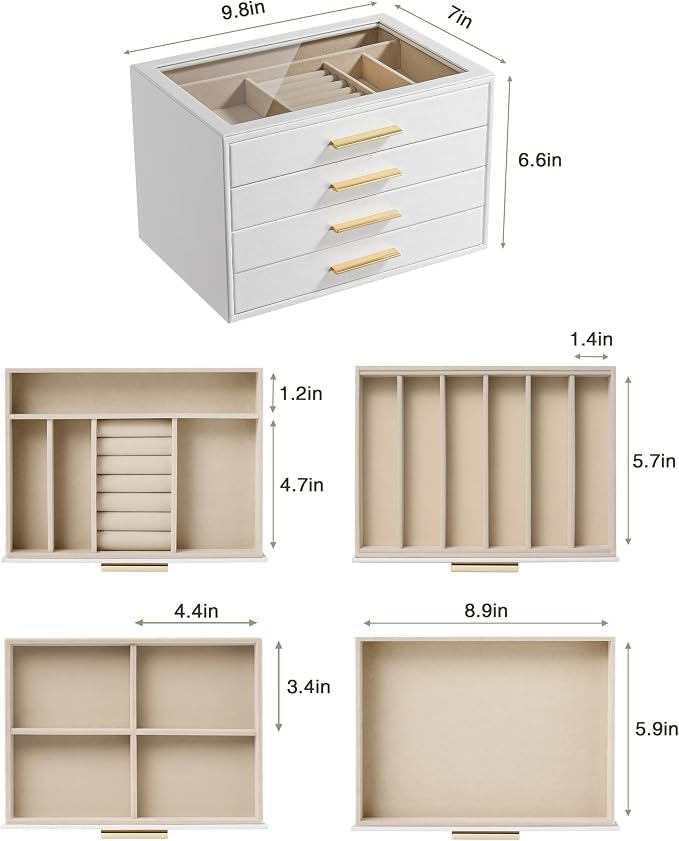 pickpiff Jewelry Box Organizer Case for Women: 4-Layer Jewelry Storage Case with Glass Window, Pure White Leather with Velvet Holder for Ring Necklace Bracelet Brooch Watch, Great Gift for Her - Image 6