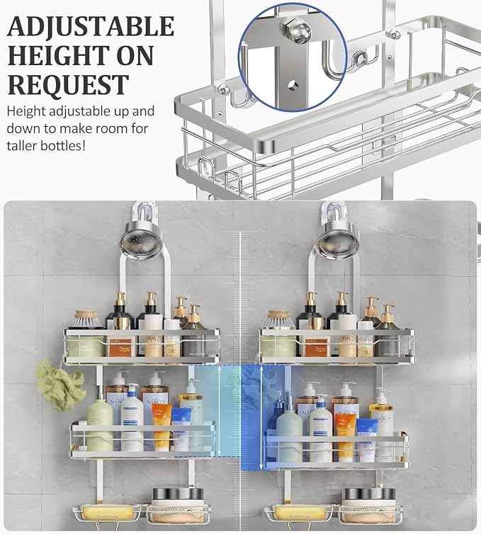 OMAIRA Shower Caddy Hanging with Soap Scrub Holder, Stainless Steel Adjustable No Drilling Non-Slip Large Capacity Sturdy Over Shower Head Shower Organizer Inside Shelves Bathroom Storage Rack, Silver - Image 5