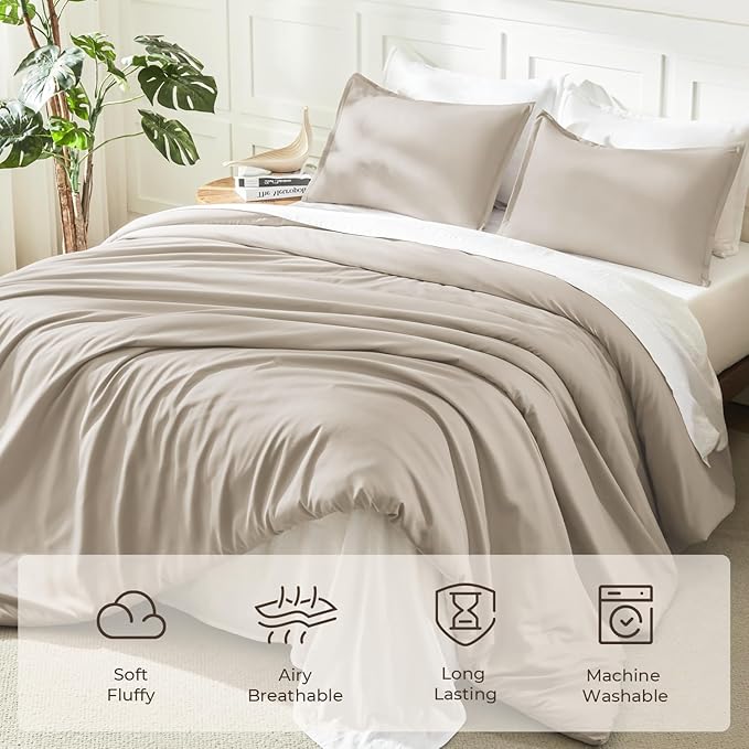 Litanika Oatmeal Comforter Full Size, 3 Pieces Lightweight Solid Bedding Comforter Set, All Season Fluffy Bed Set (79x90In Comforter & 2 Pillowcases)