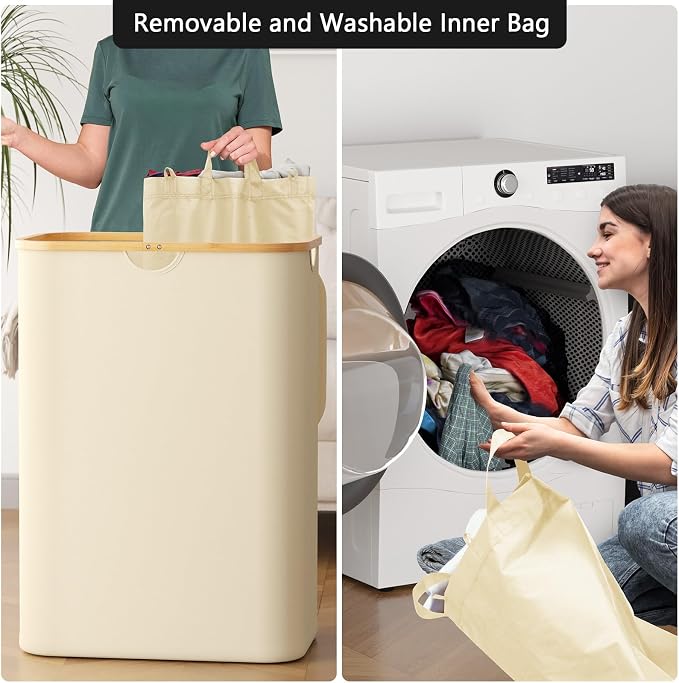 SpaceAid Double Laundry Hamper 2 Section with Lid and Removable Laundry Bags, 160L Clothes Basket with Bamboo Handles, Large Collapsible Hamper for Bedroom, Bathroom, Dorm, Laundry Room - Beige - Image 4