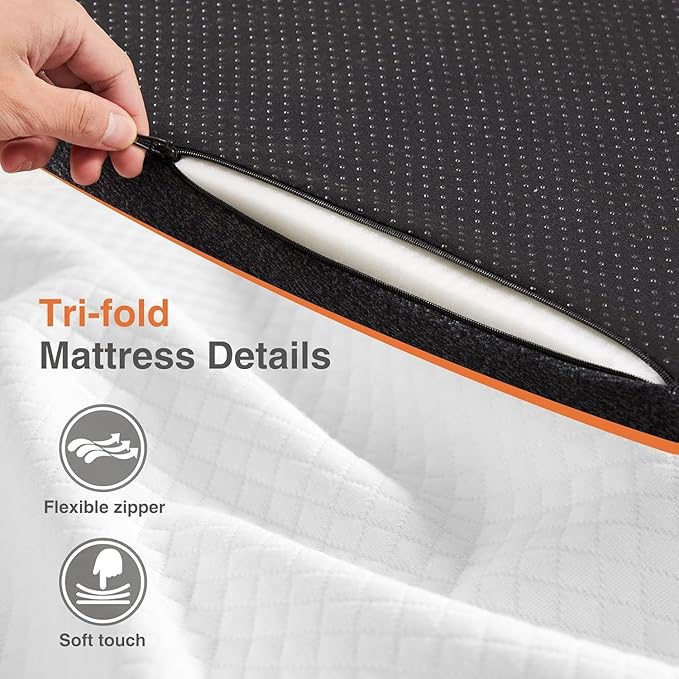 Folding Mattress, 4 inch Tri-fold Memory Foam Mattress Topper for Camping, Foldable Mattress Topper with Washable Cover, Guest - Twin Size, Grey