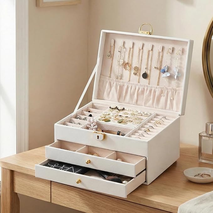 3 Layer Jewelry Box, Jewelry Holder Organizer with Jewelry Organizer Drawer, Large Jewelry Boxes & Organizer with Velvet Earring Organizer, Lockable Jewelry Holder, Unique Gifts for Women Mom (White) by Unknown
