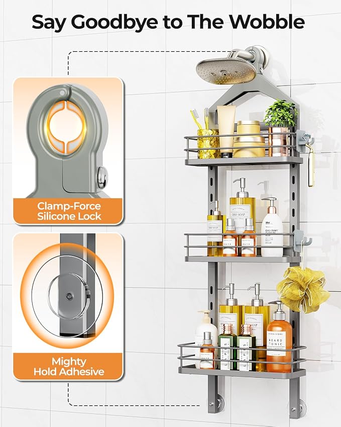 ODesign 3 Tier Height-Adjustable Shower Caddy Hanging Anti-Swing-Over The Shower Head Caddy-Showe r Storage Organizer Bathroom Shelves Basket Caddies-Grey - Image 5