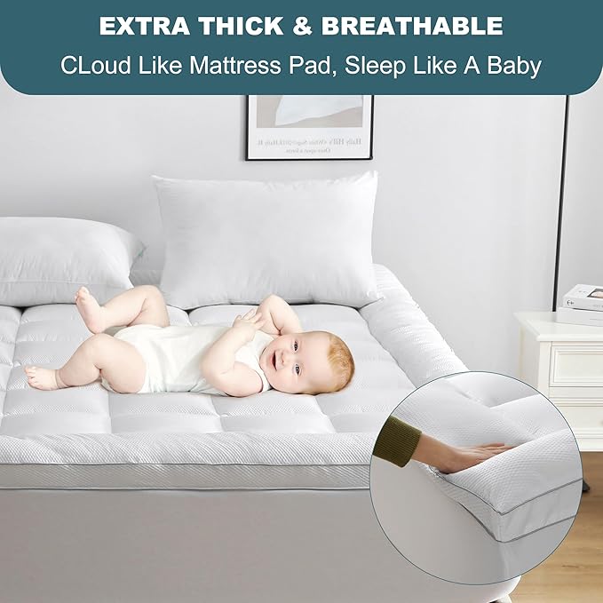 UNILIBRA King Size Mattress Pad Pillow Top Mattress Cover Padded with Down Alternative Filling Quilted Fitted Mattress Protector Streches up 8-22" Deep Pocket Cooling Mattress Topper