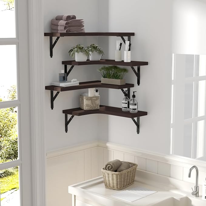 ROMGUAR CRAFT Corner Floating Shelves Wall Mounted Set of 4, Rustic Wood Storage Display Shelves for Home Decor, Bathroom, Kitchen, Bedroom, Living Room, Office (Brown) - Image 6