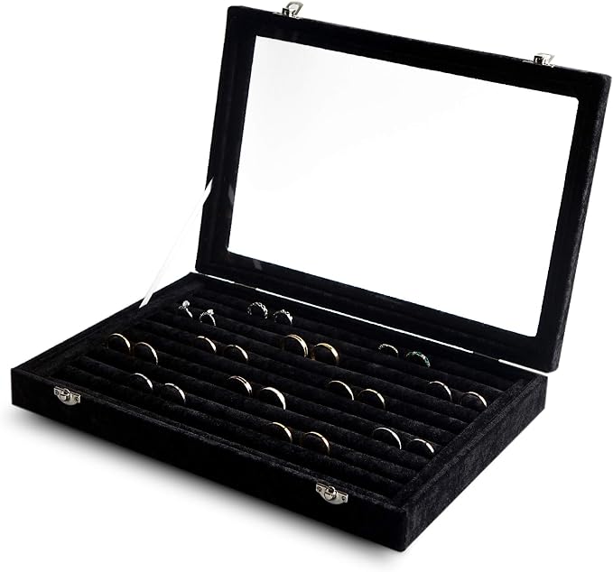 Frebeauty Rings/Earrings Organizer Tray with Clear Lid 10 Slots Velvet Drawer Insert Jewelry Storage box with Transparent Glass lid Jewelry Display Case Showcase Gift for Girls Women (Black, 10 Slots) by Frebeauty