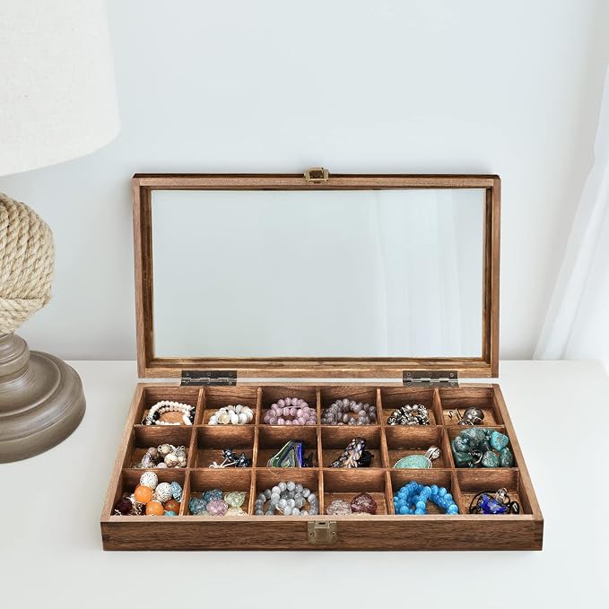 MOOCA Wooden Jewelry Display and Beads Display Storage Case with Tempered Glass Lid , 18 Compartments, 15" W x 8 3/8" L x 2 1/8" H, Brown Color - Image 6