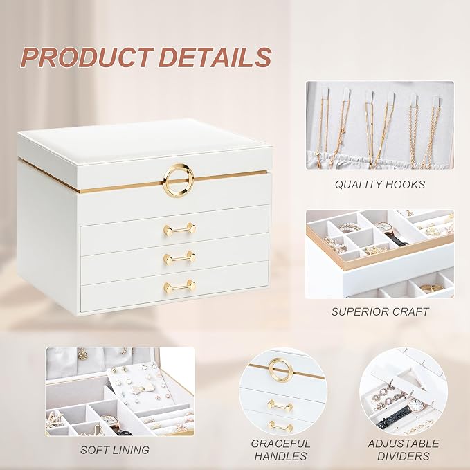 Jewelry Box for Women,4-Layer Leather Jewelry Holder Organizer with 3 Drawers Large Jewelry Storage Boxes, Lots of Storage Space For Ring,Necklace,Bracelets,Earring（White） - Image 3