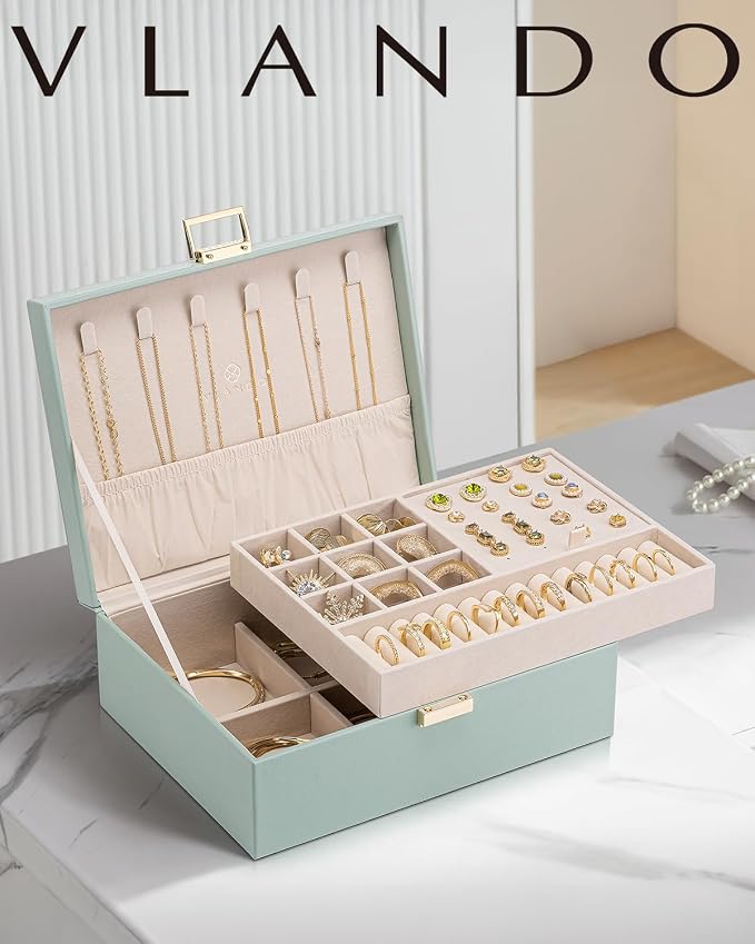 VLANDO 2 Layer Jewelry Box Large Jewelry Organizer for Women Removable Jewelery Tray for Necklace Earrings Rings Bracelets Holidays Gifts for Mom Wife (Green) - Image 6