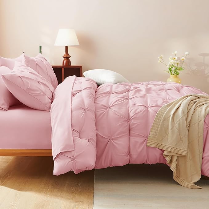 CozyLux Full Size Comforter Sets Pink, 7 Pieces Pintuck Bed in A Bag Pink Comforter Full Size, Pinch Pleat Bedding Sets with All Season Comforter, Sheets, Pillowcases & Shams