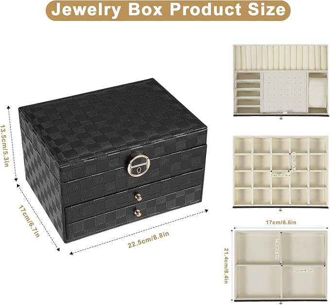 GUOER Jewelry Box for Women Girl Wife - Large PU Leather Jewelry Organizer Storage Case with 3 Layers Display for Earrings Bracelets Rings Watches (Checkered Black) - Image 4