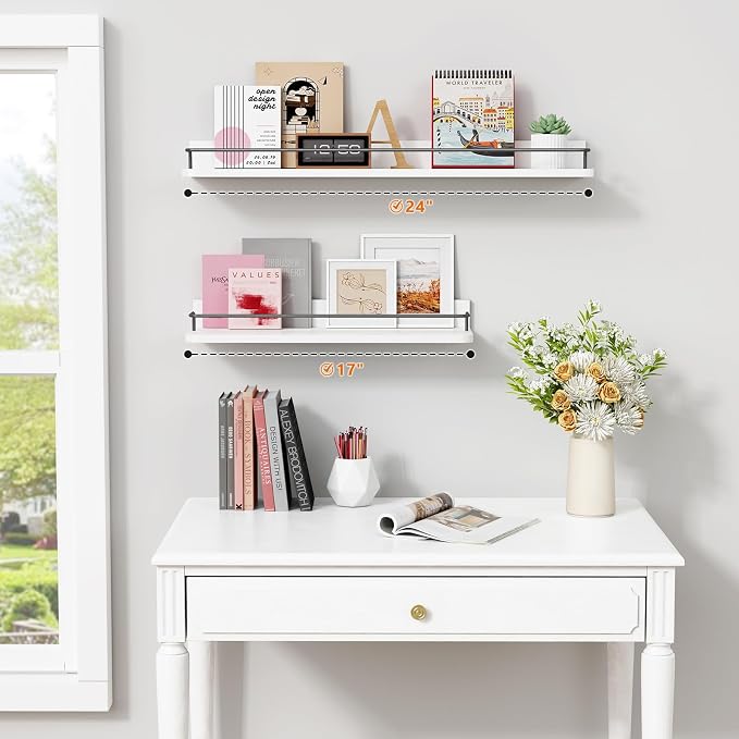 Forbena Floating Shelves for Wall 24 Inches Long, Modern White Wall Shelving Unit for Bedroom, Wood Hanging Shelf for Kitchen Bathroom Living Room Office Organizers and Storage (White and Grey) - Image 2