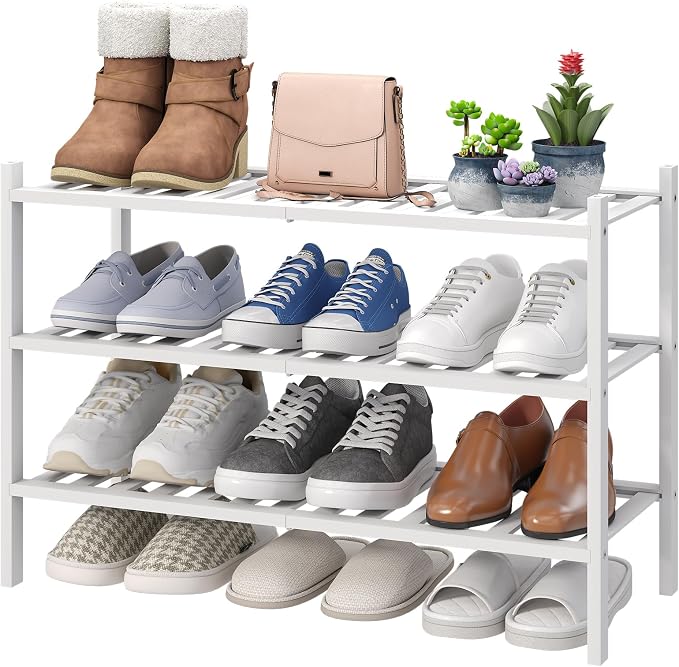 viewcare White Shoe Rack, 3-Tier Bamboo Wood Shoe Rack for Closet, Entryway & Hallway, and Stackable Shoe Shelf Storage Organizer for Indoor and Outdoor by VIEWCARE