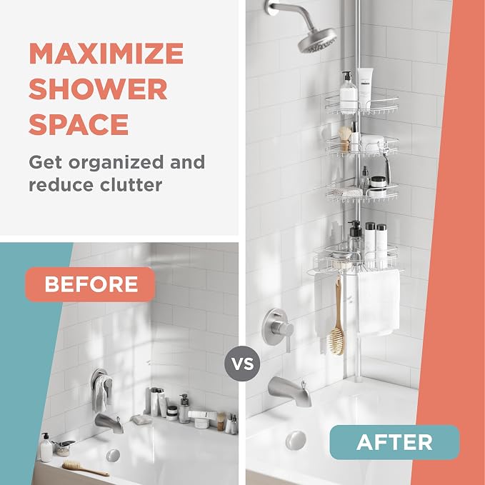 Zenna Home Tension Pole Shower Caddy Corner Organizer, Adjustable Standing Shower Caddy with 4 Baskets and Built in Towel Bar, Rust Resistant Bathroom Tension Rod Organizer, 60 to 97 Inch, Chrome - Image 9