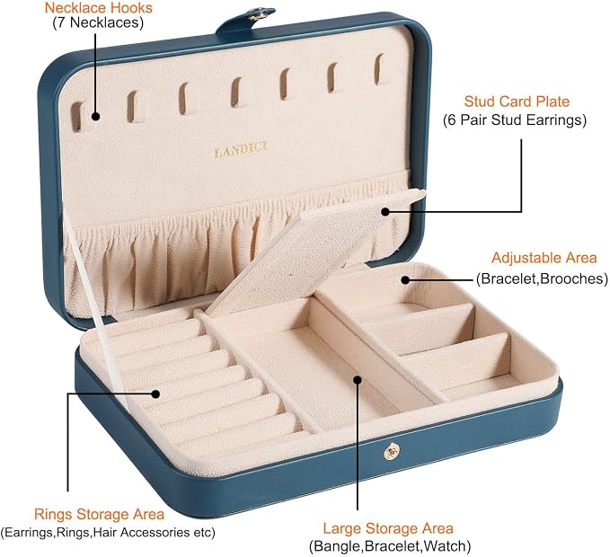 LANDICI Small Jewelry Box for Women Girls, PU Leather Travel Jewelry Organizer Case, Jewellery Storage Holder Display for Ring Earrings Necklace Bracelet Bangle Watch Men Kids Gift, Bluish Green - Image 3