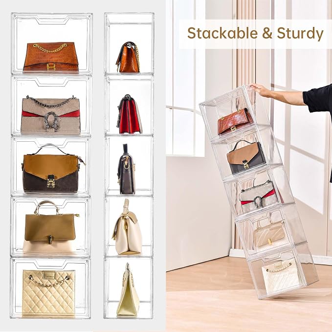 Freebat Stackable Storage Bins, Clear Acrylic Display Case, 9-Pack Acrylic Boxes with Lids, Clear Storage Containers Storage for Handbags, Collectibles & Figures - Image 5