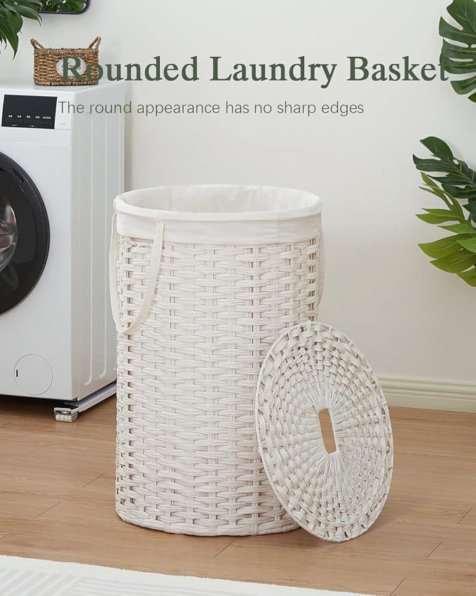SETVSON Large Laundry Hamper Laundry Basket Round 34.3 Gal (130 L) Handwoven Wicker Laundry Baskets Rattan Laundry Basket with Laundry Bag Handles 2 Mesh Bags for Living Room Bedroom White - Image 2
