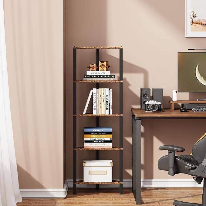 TUTOTAK Corner Shelf, 5-Tier Corner Bookshelf for Small Space, Narrow Display Corner Shelf Stand with Storage Rack, for Living Room, Bedroom, Rustic Brown BS05BB005 - Image 4